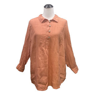 Sigrid Olsen Womens 1X 1/4 Button Tunic Shirt Linen Orange Long Slv Boho Coastal